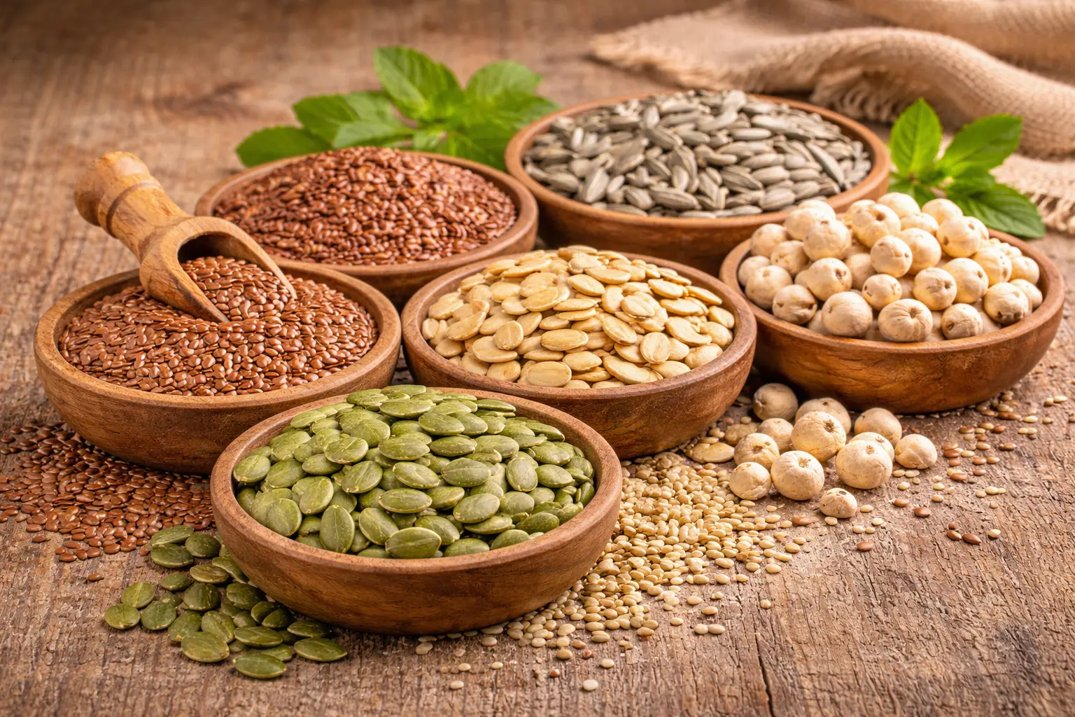 healthy seed mix for breakfast including pumpkin seeds flax seeds sunflower seeds and watermelon seeds