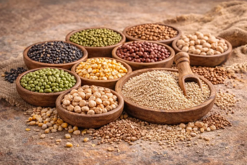 pulses and grains used in natural nutrition mix including green gram, chickpea and quinoa