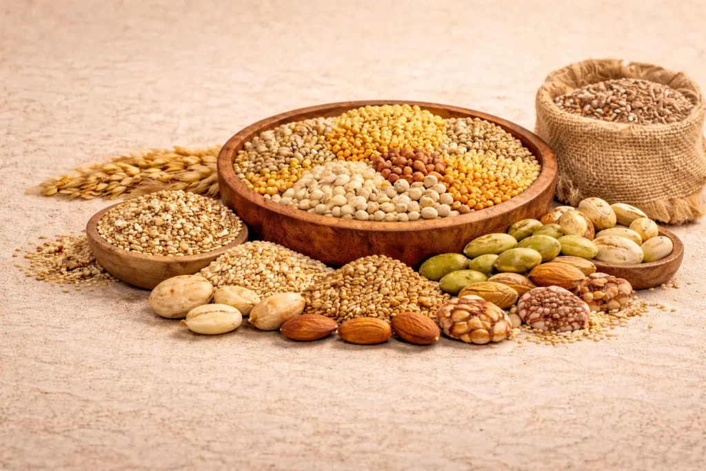 Natural millets grains nuts and seeds ingredients used in Mana Inti Arogyam multigrain health mix powder